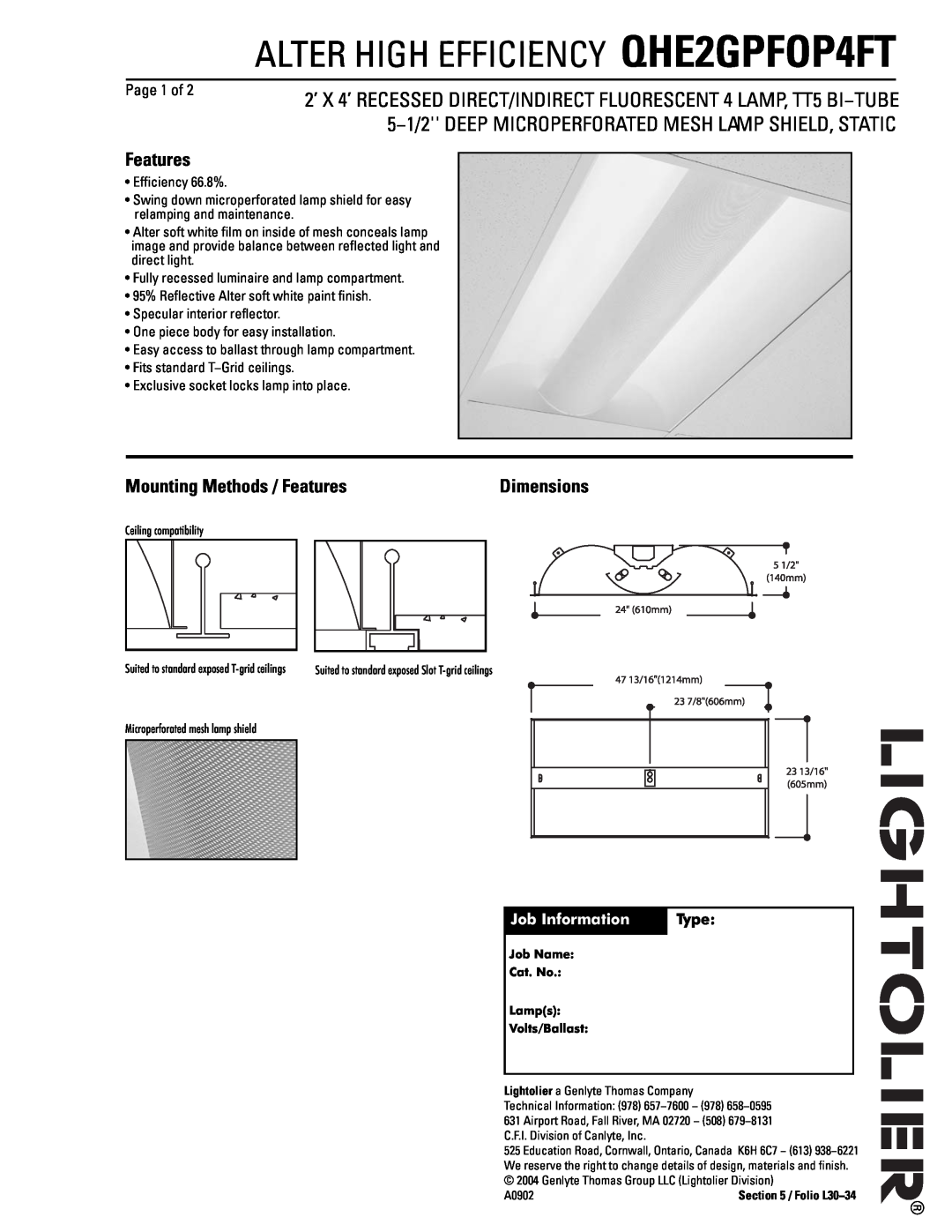 Lightolier QHE2GPFOP4FT dimensions Mounting Methods / Features, Page 1 of, Job Information, Dimensions, Type 