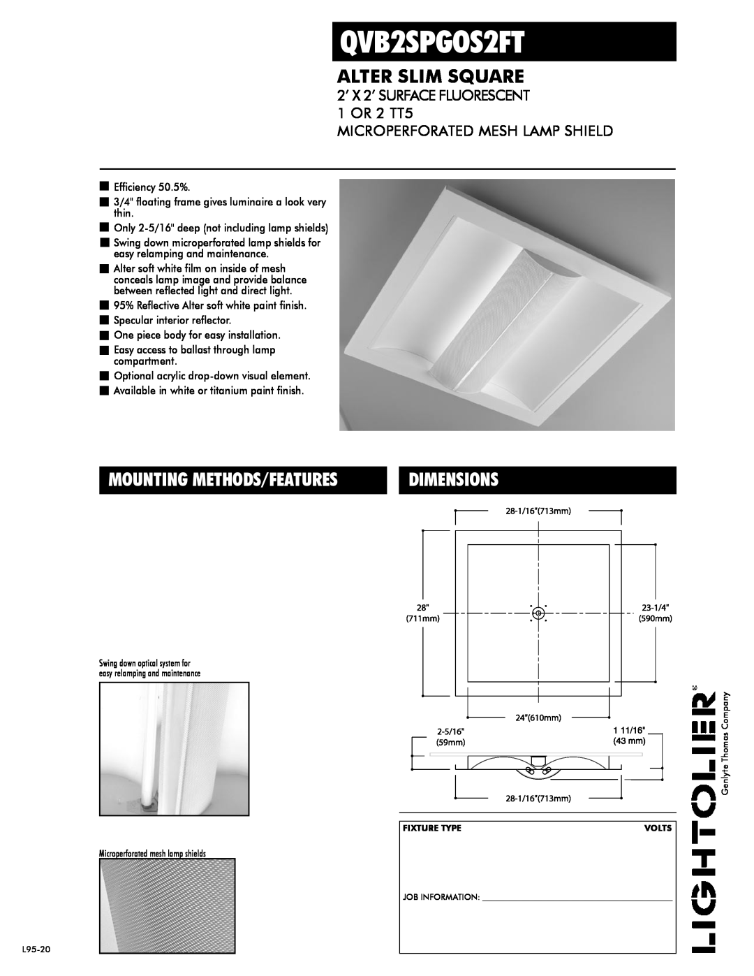 Lightolier QVB2SPGOS2FT dimensions Alter Slim Square, Dimensions, Mounting Methods/Features 