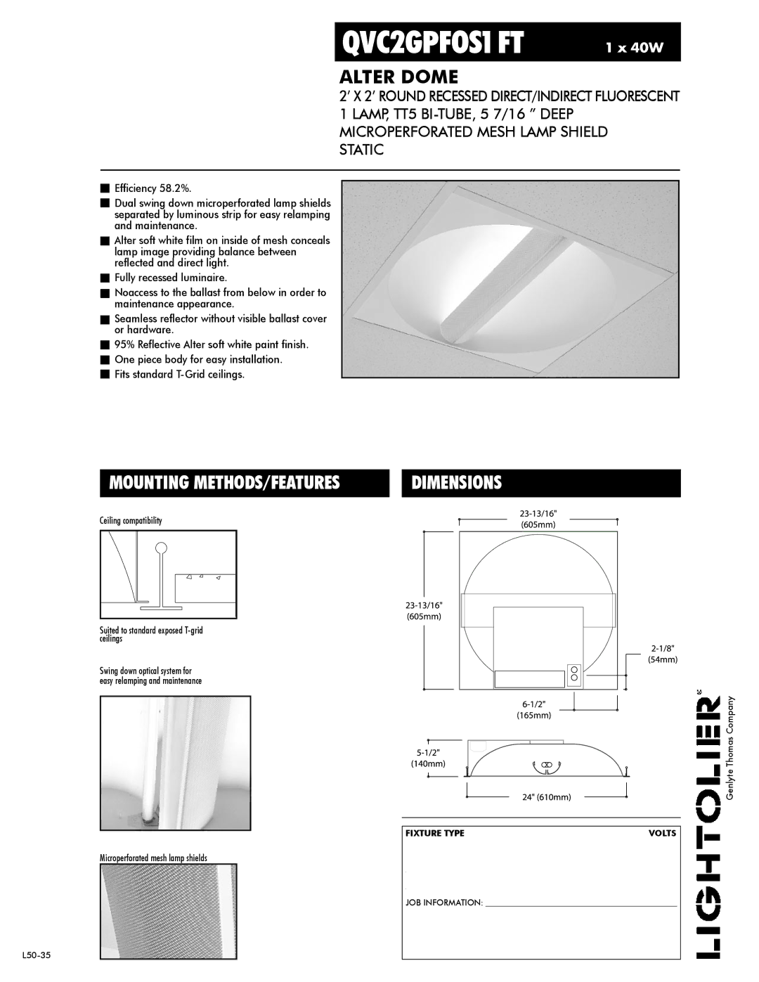 Lightolier QVC2GPFOS1FT dimensions Alter Dome, Mounting METHODS/FEATURES, Microperforated mesh lamp shields 