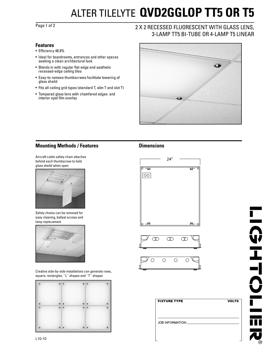 Lightolier QVD2GGLOP TT5, QVD2GGLOP T5 dimensions Mounting Methods / Features, Dimensions 