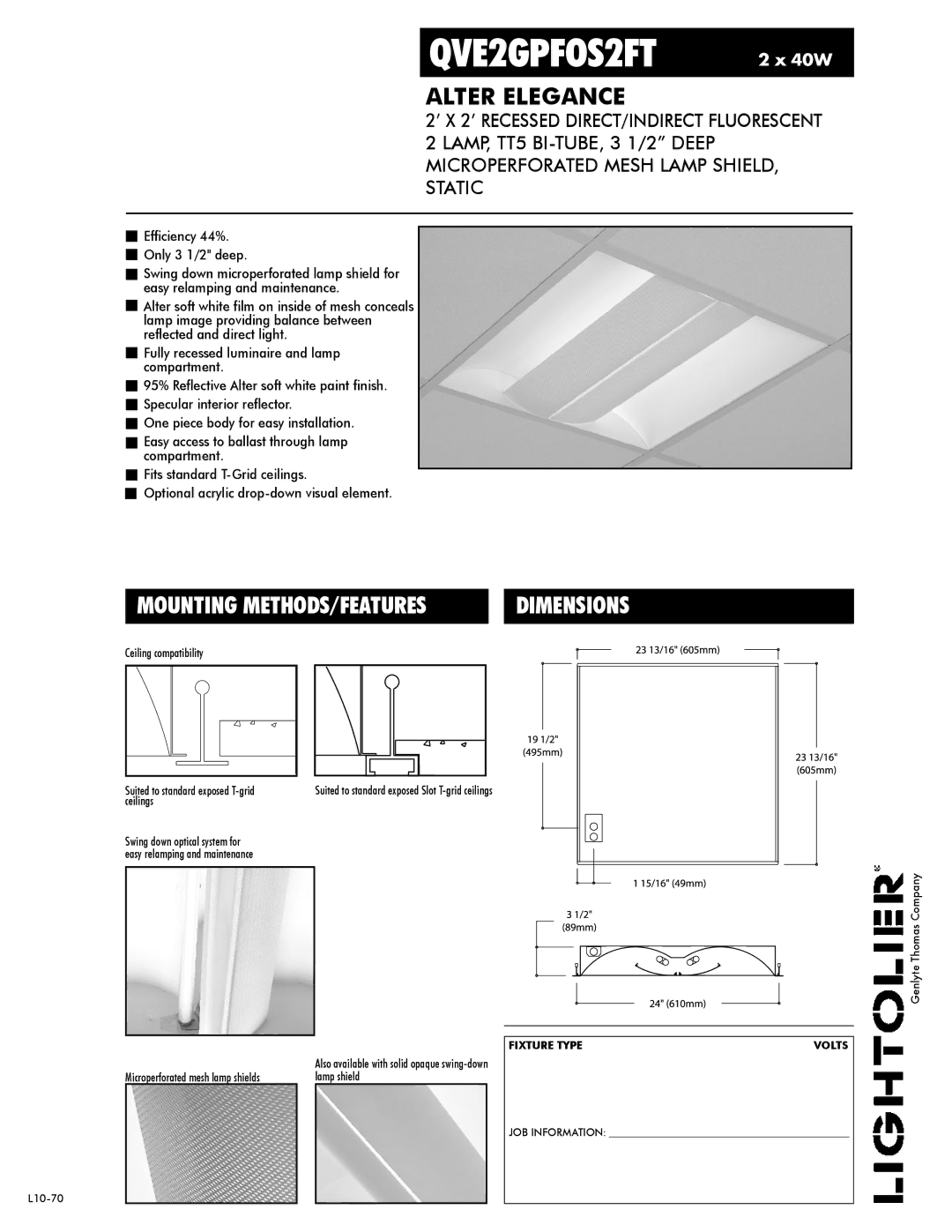 Lightolier QVE2GPFOS2FT dimensions Alter Elegance, Dimensions 