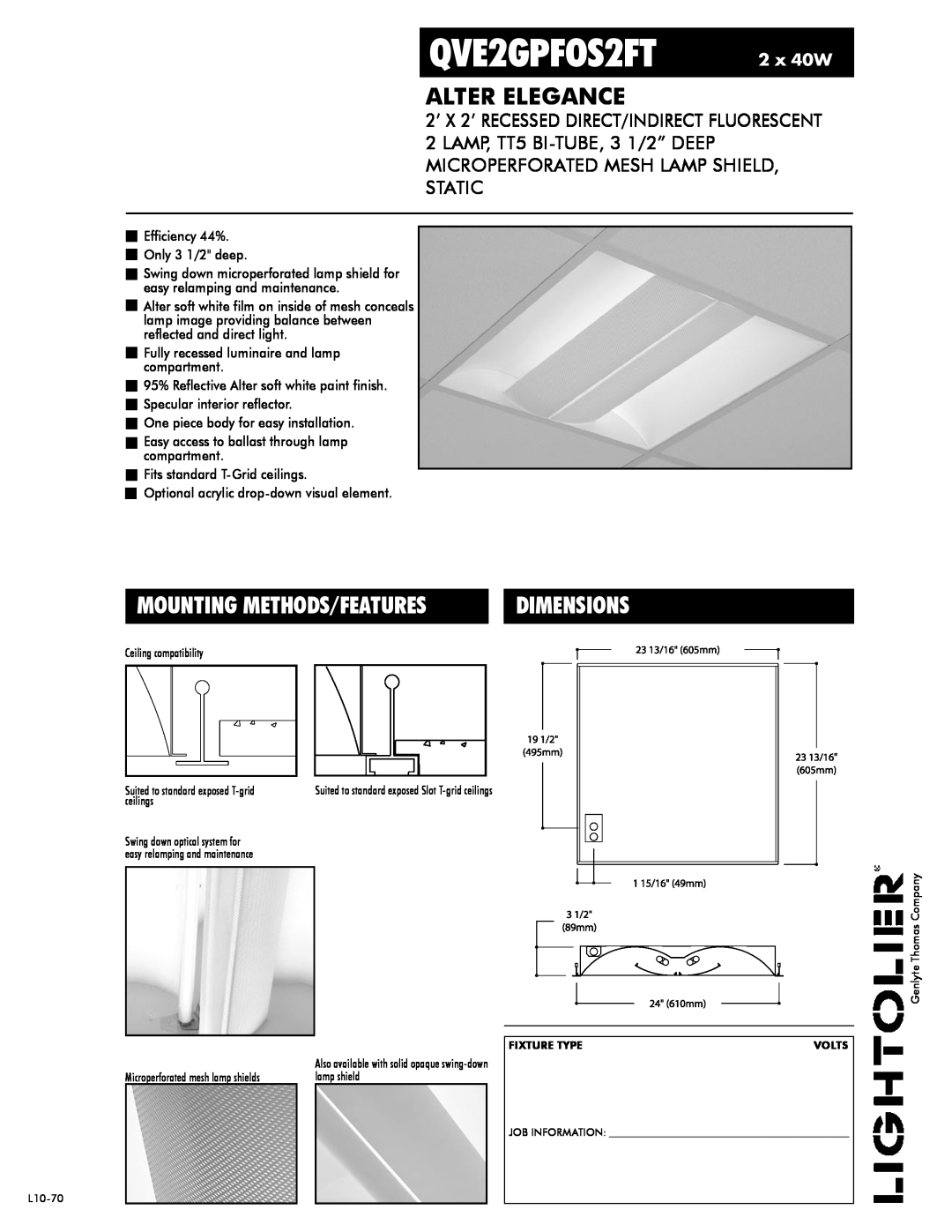 Lightolier QVE2GPFOS2FT dimensions Alter Elegance, Dimensions, Mounting Methods/Features, 2 x 40W 
