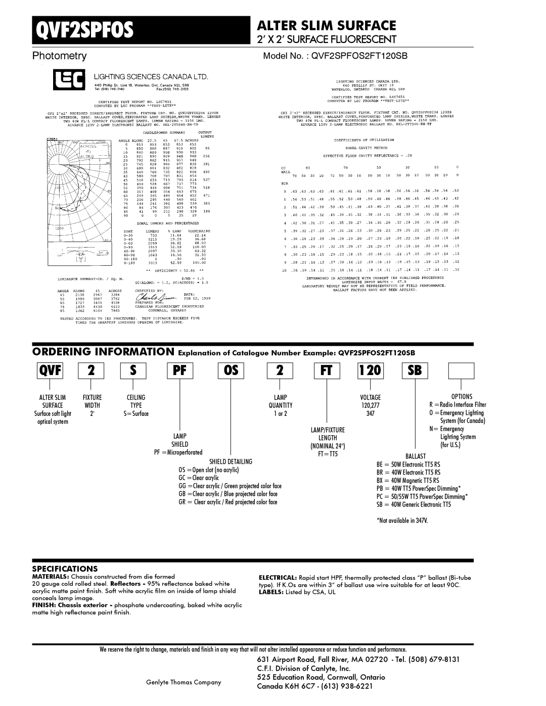Lightolier QVF2SPFOS dimensions Length, FT=TT5, Options, Ballast 