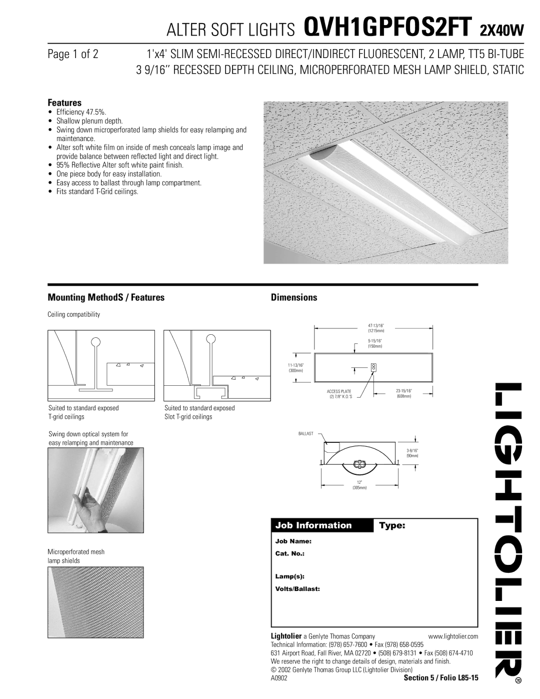 Lightolier QVH1GPFOS2FT dimensions Mounting MethodS / Features, Job Information Type 