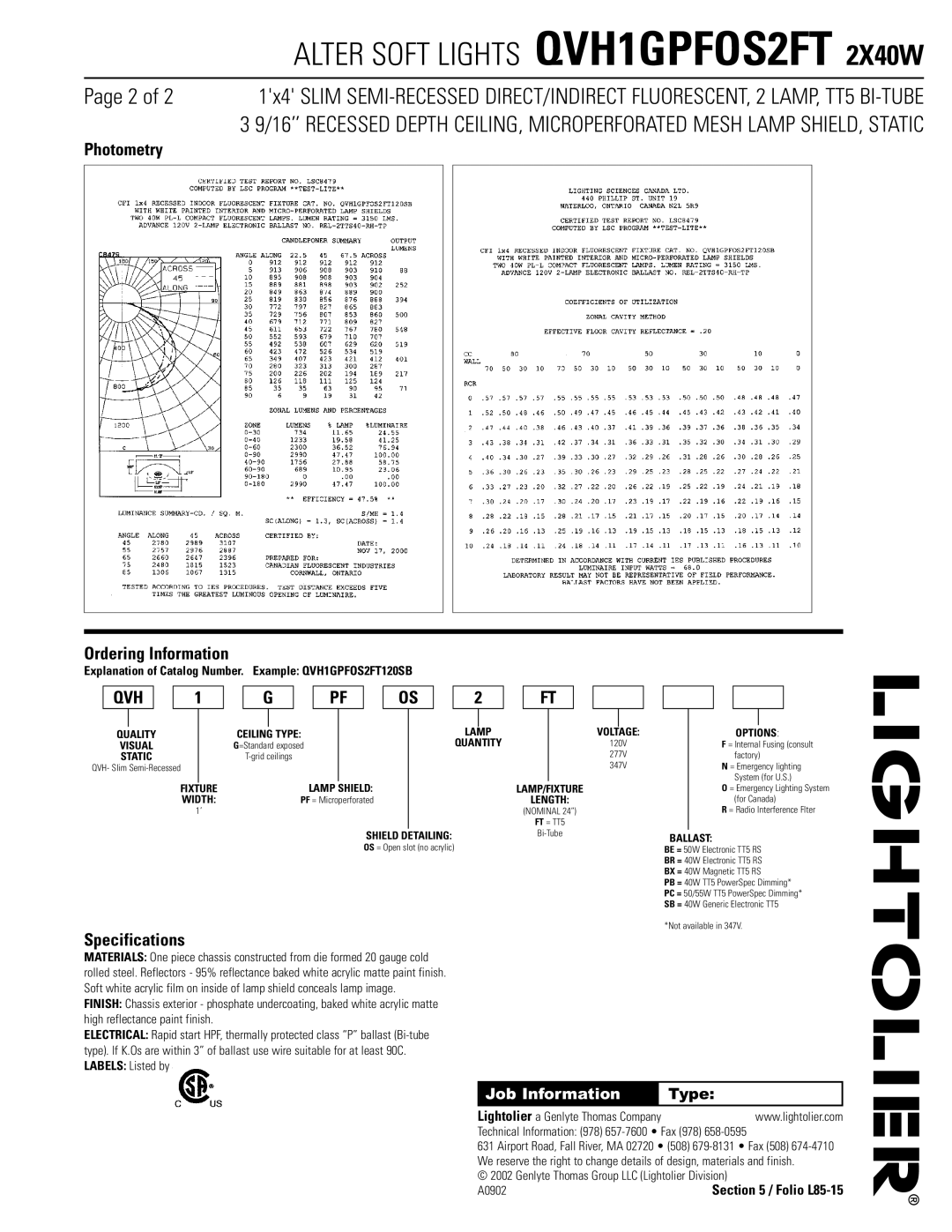 Lightolier QVH1GPFOS2FT dimensions Photometry Ordering Information, Specifications, Job Information 