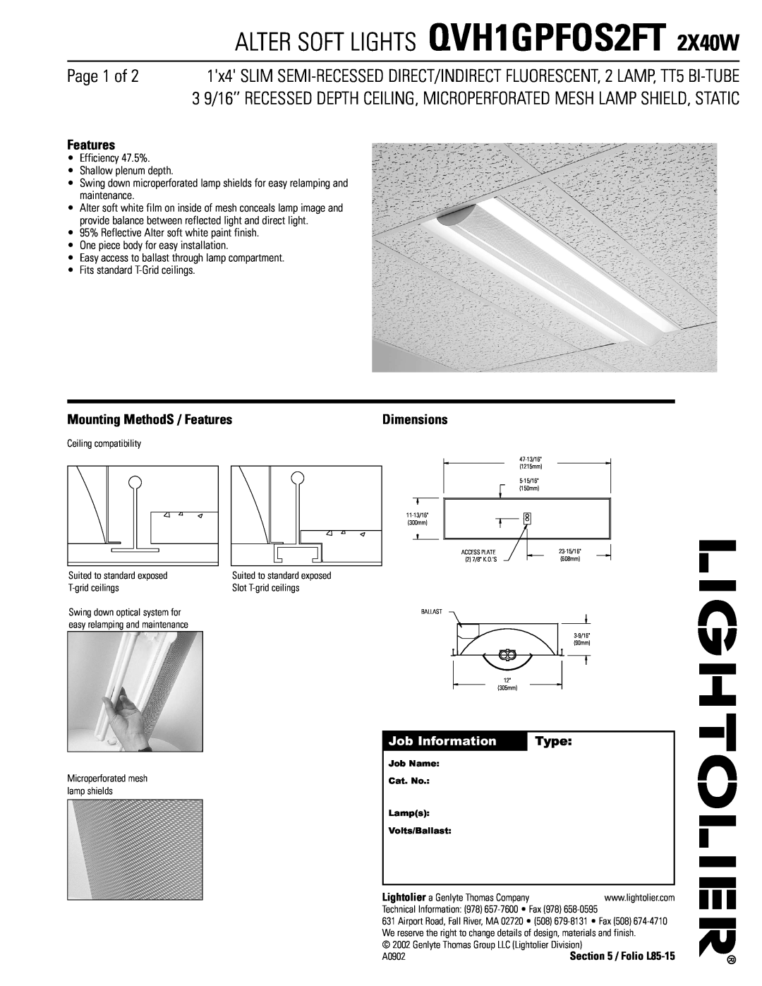 Lightolier dimensions ALTER SOFT LIGHTS QVH1GPFOS2FT 2X40W, Page 1 of, Mounting MethodS / Features 