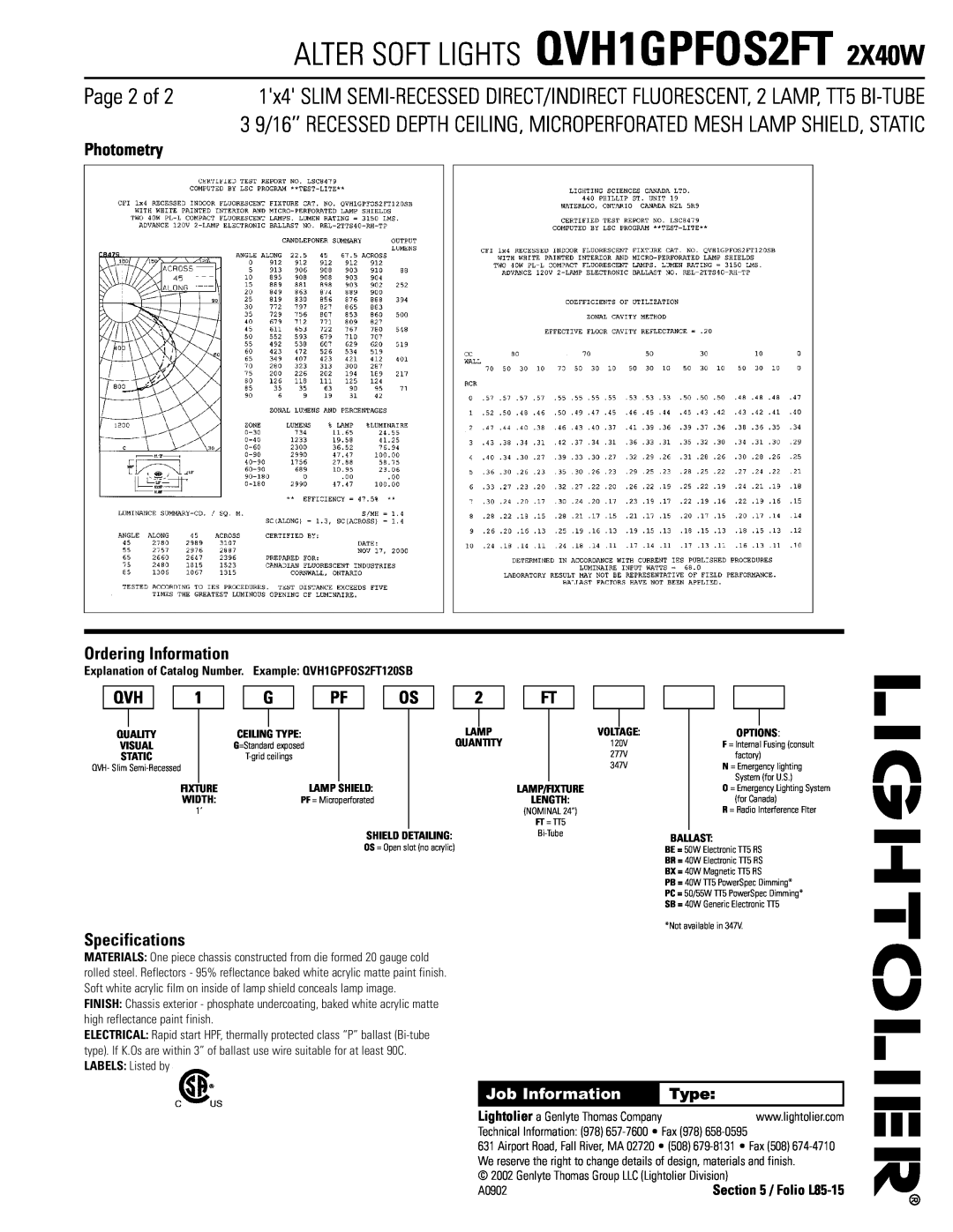 Lightolier dimensions Page 2 of, ALTER SOFT LIGHTS QVH1GPFOS2FT 2X40W, Photometry, Ordering Information, Specifications 