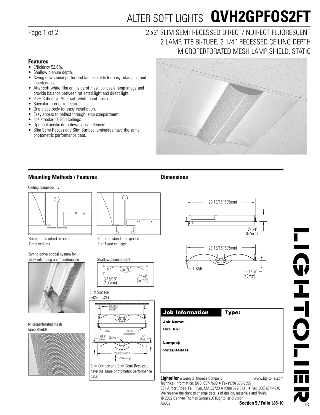 Lightolier QVH2GPFOS2FT dimensions Mounting Methods / Features, Job Information Type 