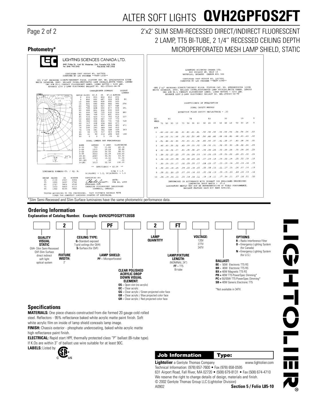 Lightolier QVH2GPFOS2FT dimensions Photometry, Ordering Information, Specifications, Job Information 