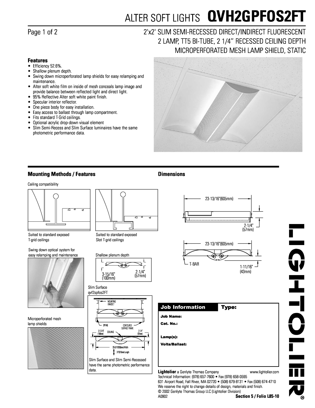 Lightolier dimensions ALTER SOFT LIGHTS QVH2GPFOS2FT, Page 1 of, Microperforated Mesh Lamp Shield, Static, Features 