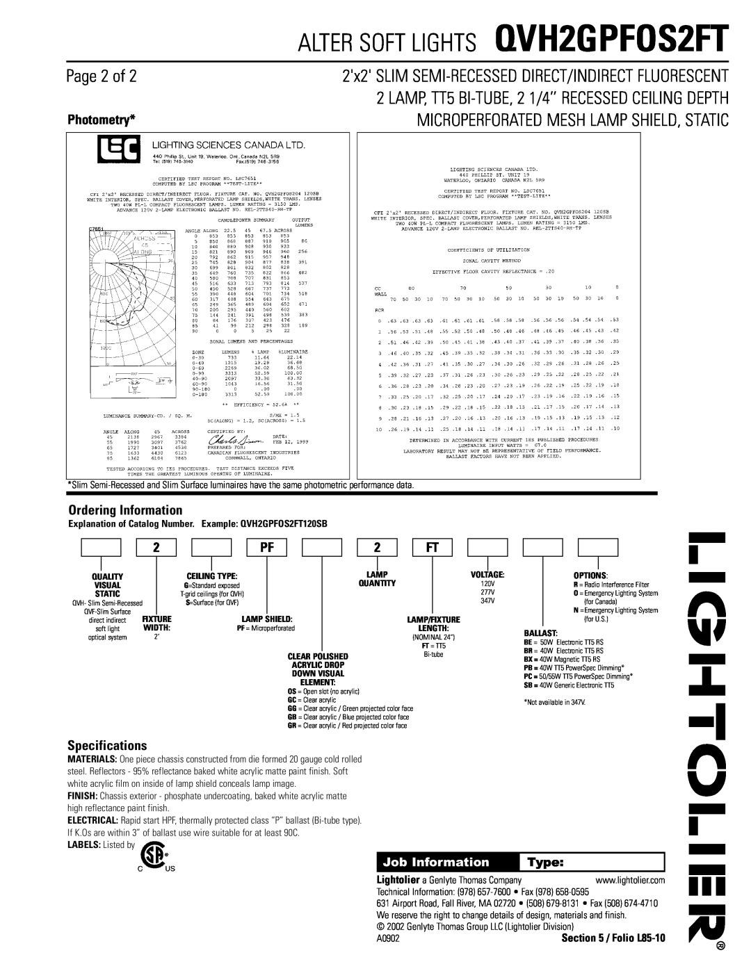 Lightolier QVH2GPFOS2FT Page 2 of, Microperforated Mesh Lamp Shield, Static, Photometry, Ordering Information, Type 