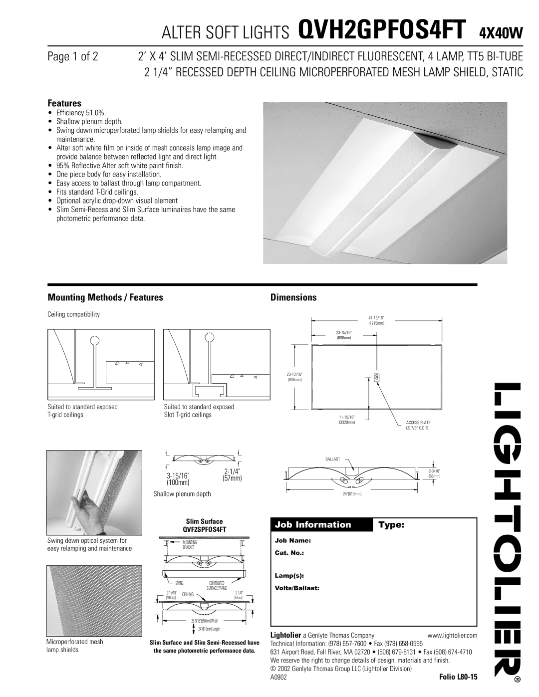 Lightolier QVH2GPFOS4FT dimensions Mounting Methods / Features 