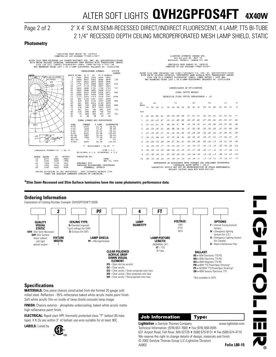 Lightolier QVH2GPFOS4FT dimensions Photometry, Ordering Information, Specifications 