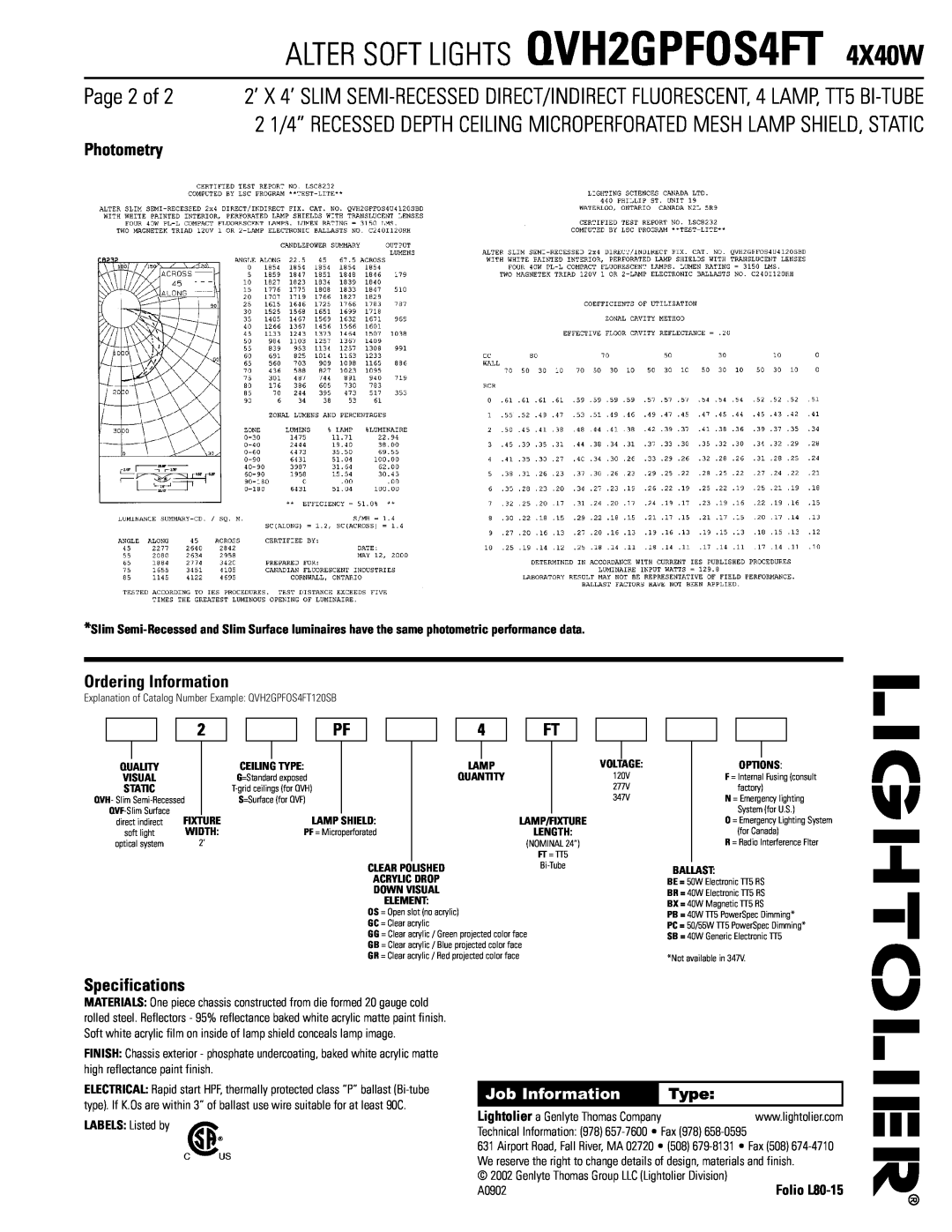 Lightolier dimensions Photometry, Ordering Information, Specifications, ALTER SOFT LIGHTS QVH2GPFOS4FT 4X40W, Page 2 of 