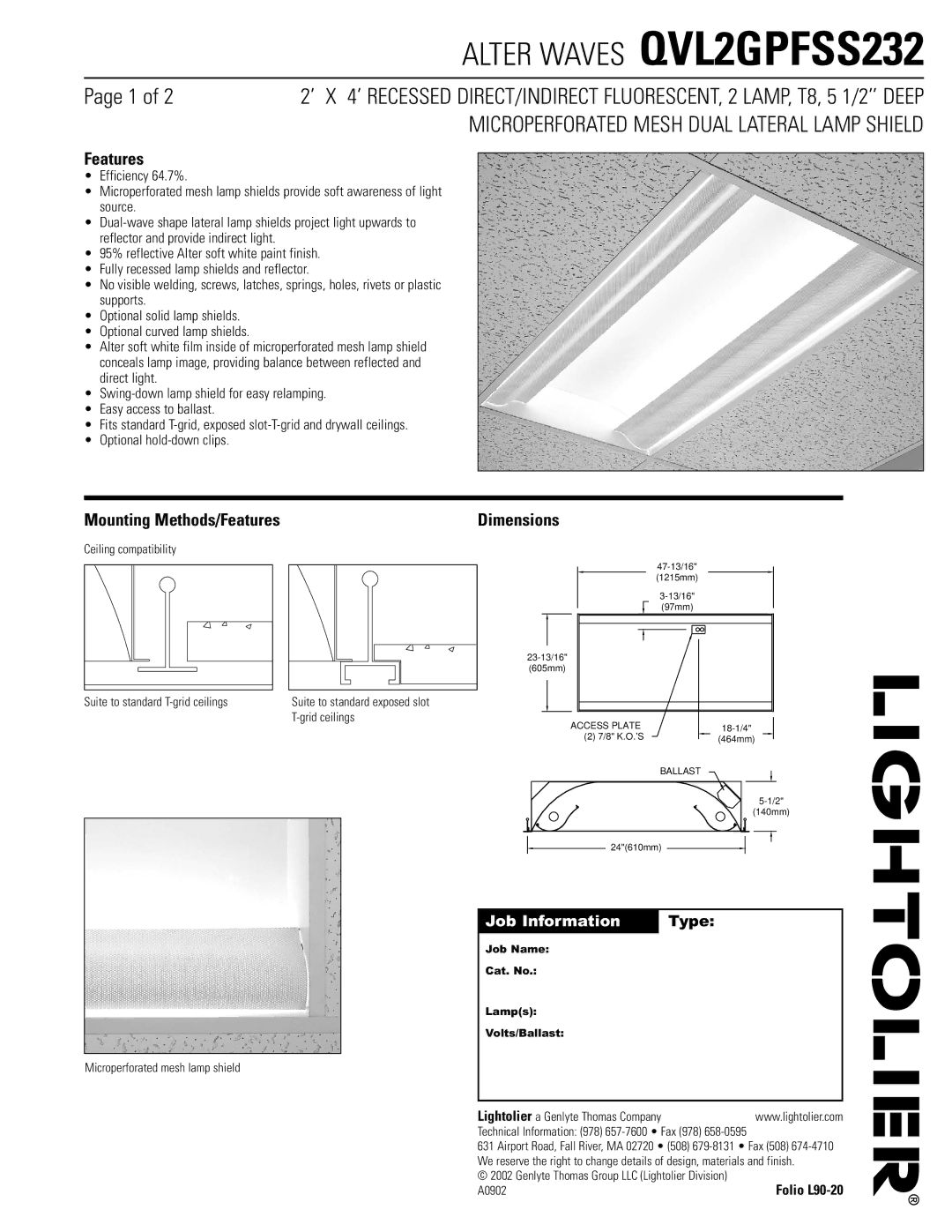 Lightolier QVL2GPFSS232 dimensions Mounting Methods/Features, Dimensions, Job Information Type 