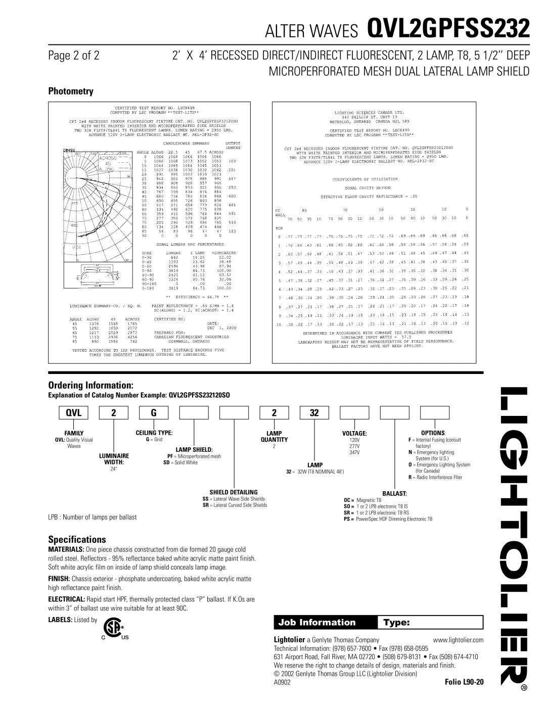 Lightolier QVL2GPFSS232 dimensions Photometry Ordering Information, Specifications, Job Information 