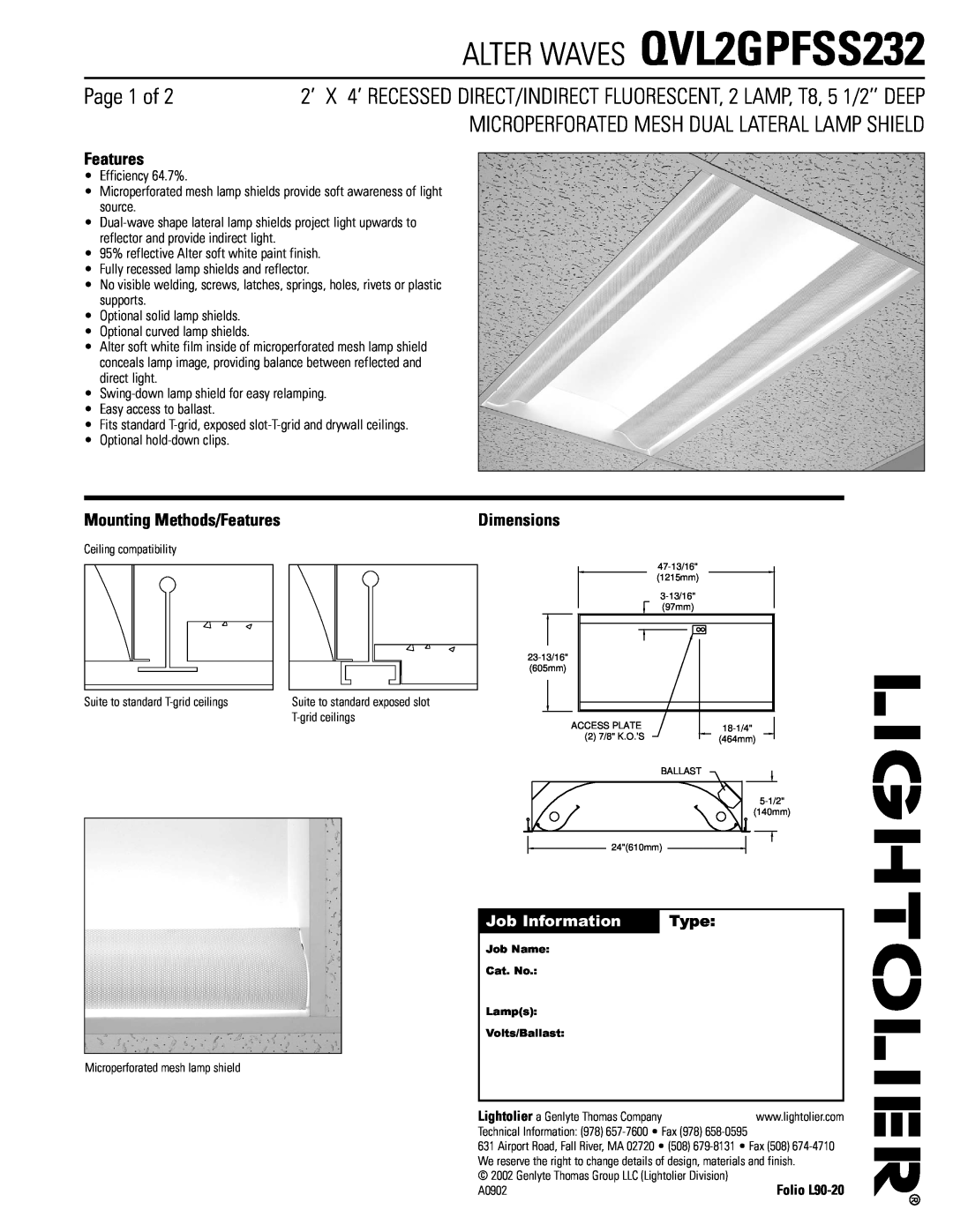Lightolier dimensions ALTER WAVES QVL2GPFSS232, Page 1 of, Microperforated Mesh Dual Lateral Lamp Shield, Features 