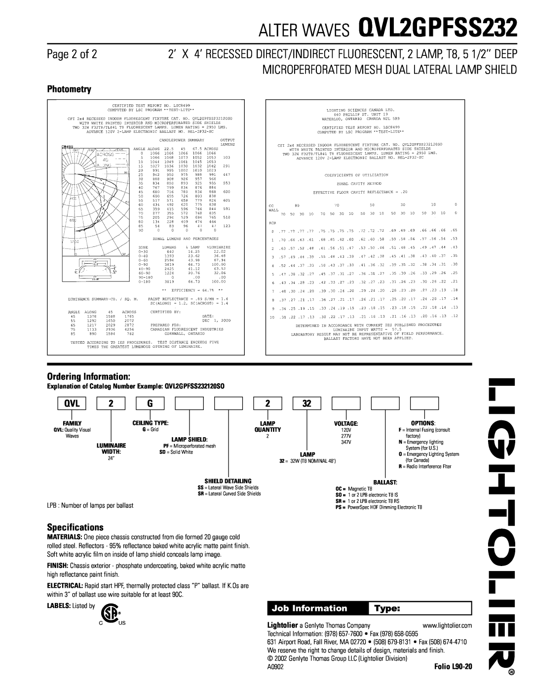 Lightolier Page 2 of, Photometry, Ordering Information, Specifications, ALTER WAVES QVL2GPFSS232, Job Information, Type 