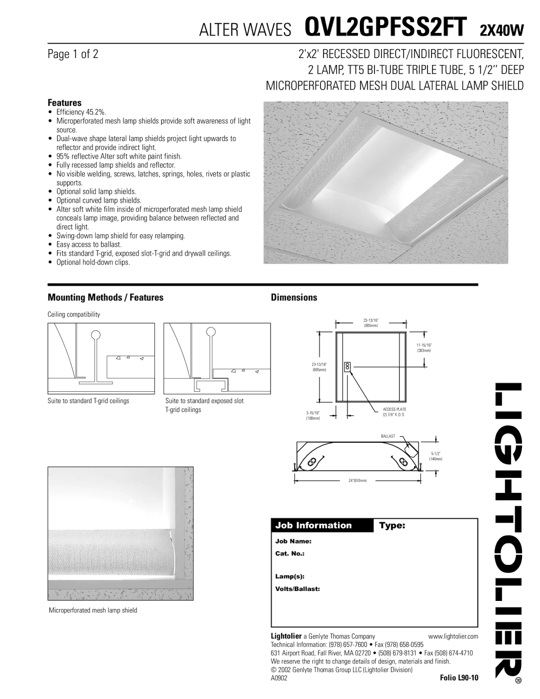 Lightolier QVL2GPFSS2FT 2X40W dimensions Mounting Methods / Features, Dimensions, Job Information Type 