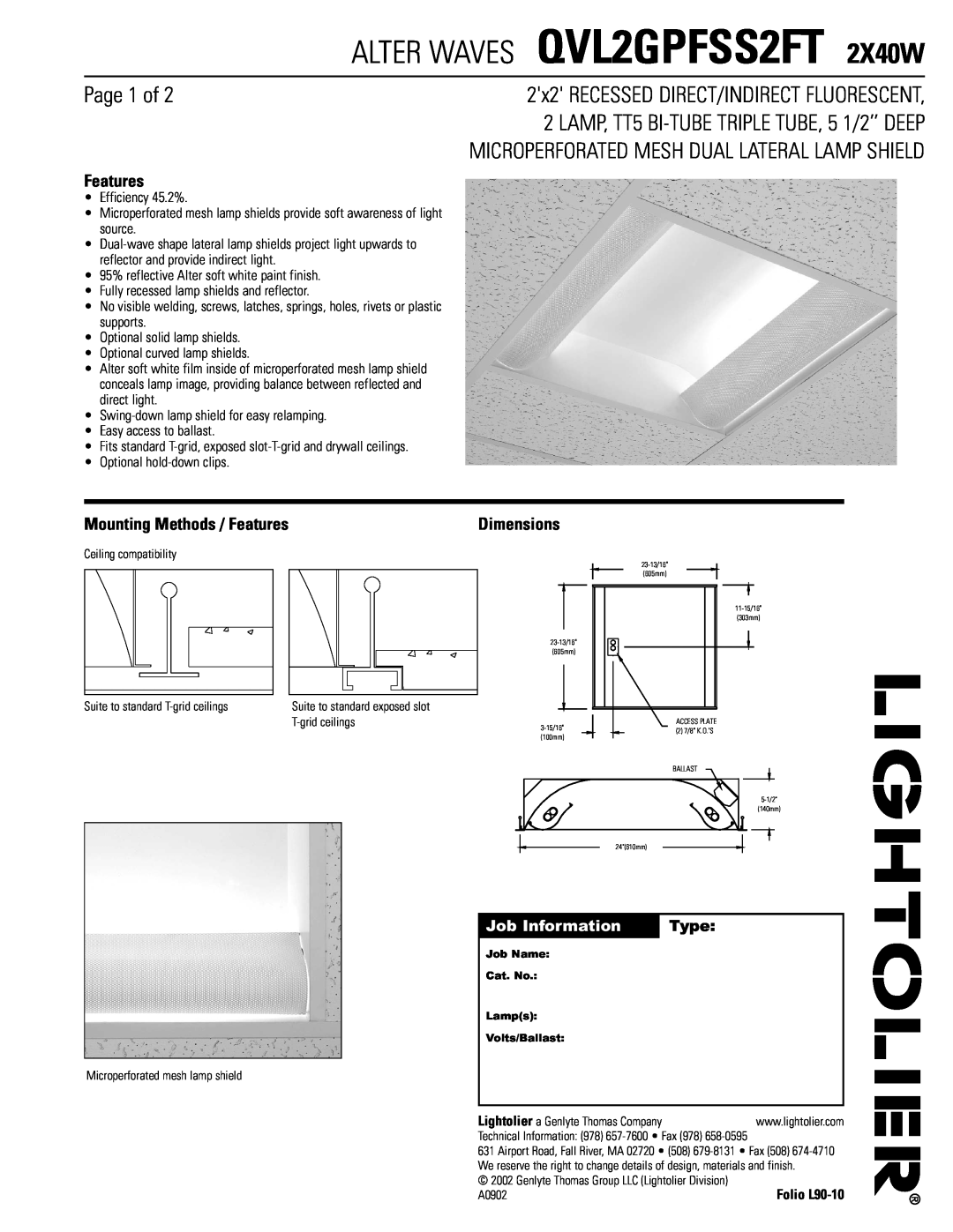 Lightolier QVL2GPFSS2FT 2X40W dimensions Page 1 of, Microperforated Mesh Dual Lateral Lamp Shield, Features, Dimensions 