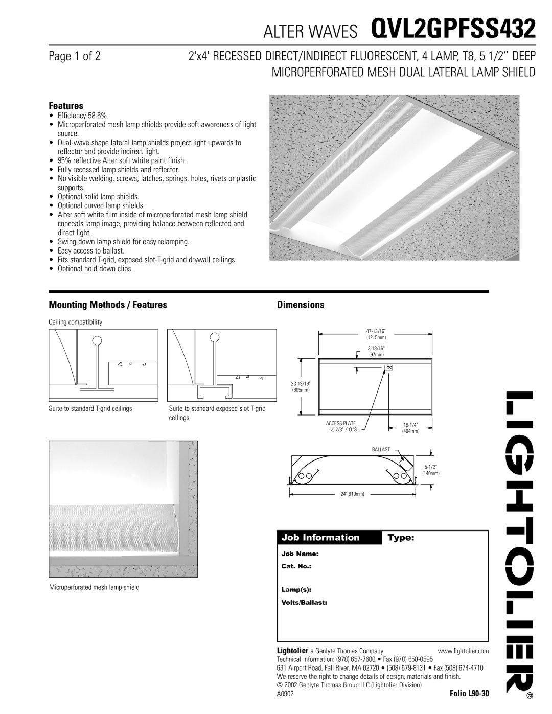 Lightolier QVL2GPFSS432 dimensions Mounting Methods / Features, Job Information Type 