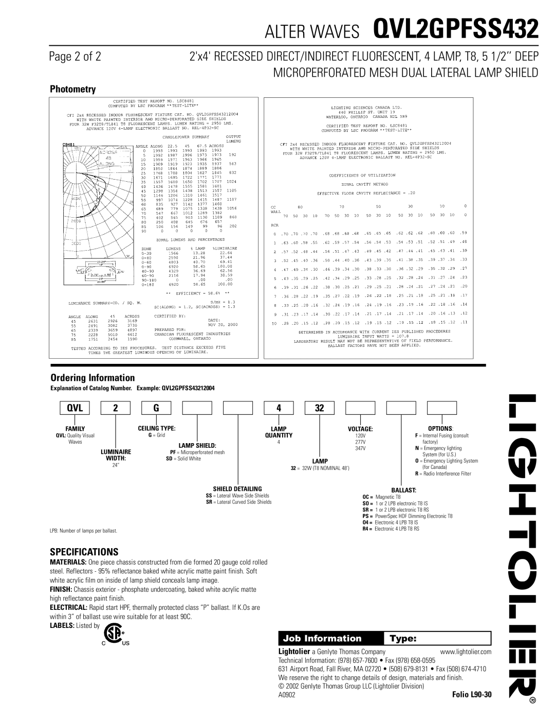 Lightolier QVL2GPFSS432 dimensions Photometry Ordering Information, Qvl, Specifications, Job Information 