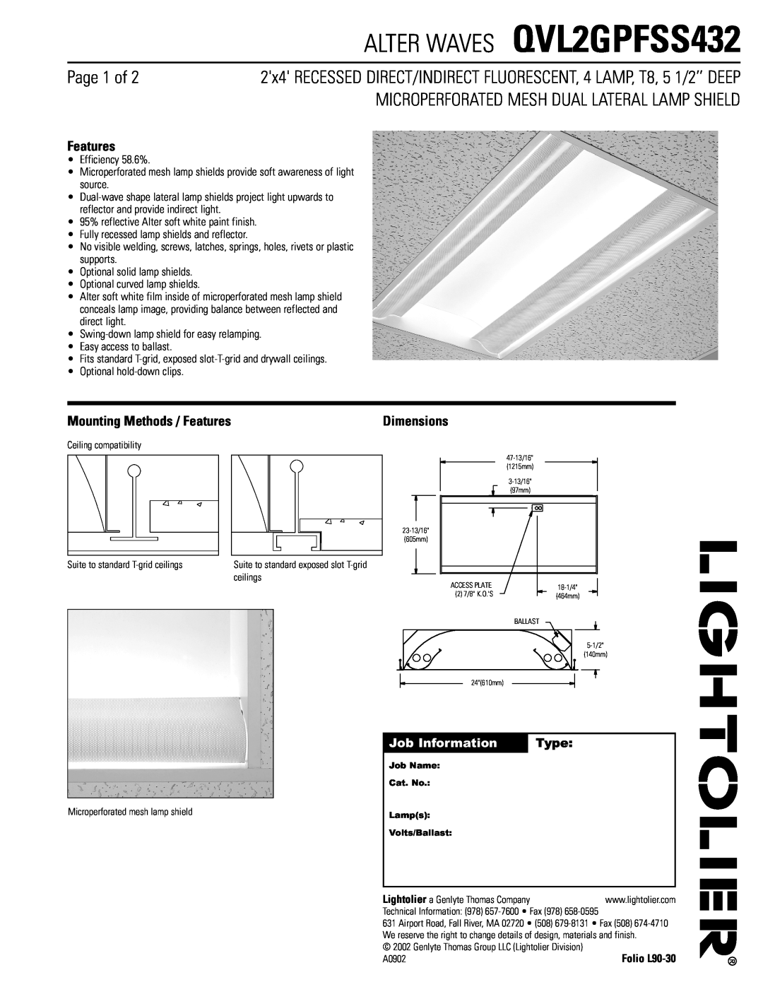 Lightolier dimensions ALTER WAVES QVL2GPFSS432, Page 1 of, Microperforated Mesh Dual Lateral Lamp Shield, Features 
