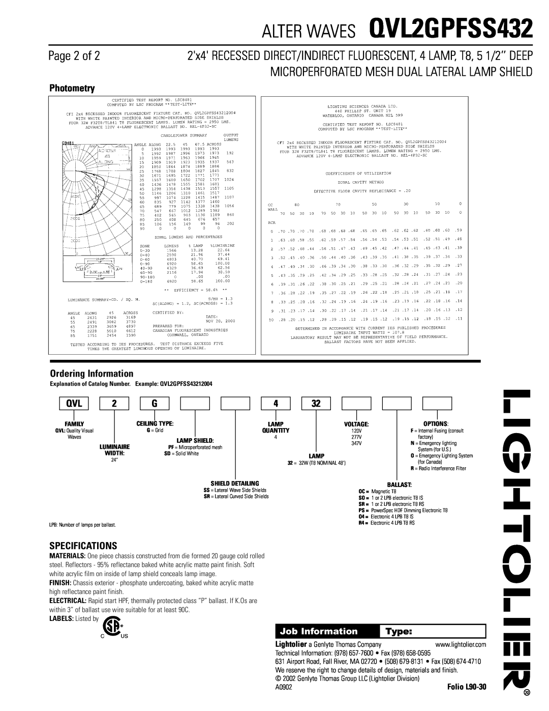 Lightolier Page 2 of, Photometry, Ordering Information, Specifications, ALTER WAVES QVL2GPFSS432, Job Information, Type 
