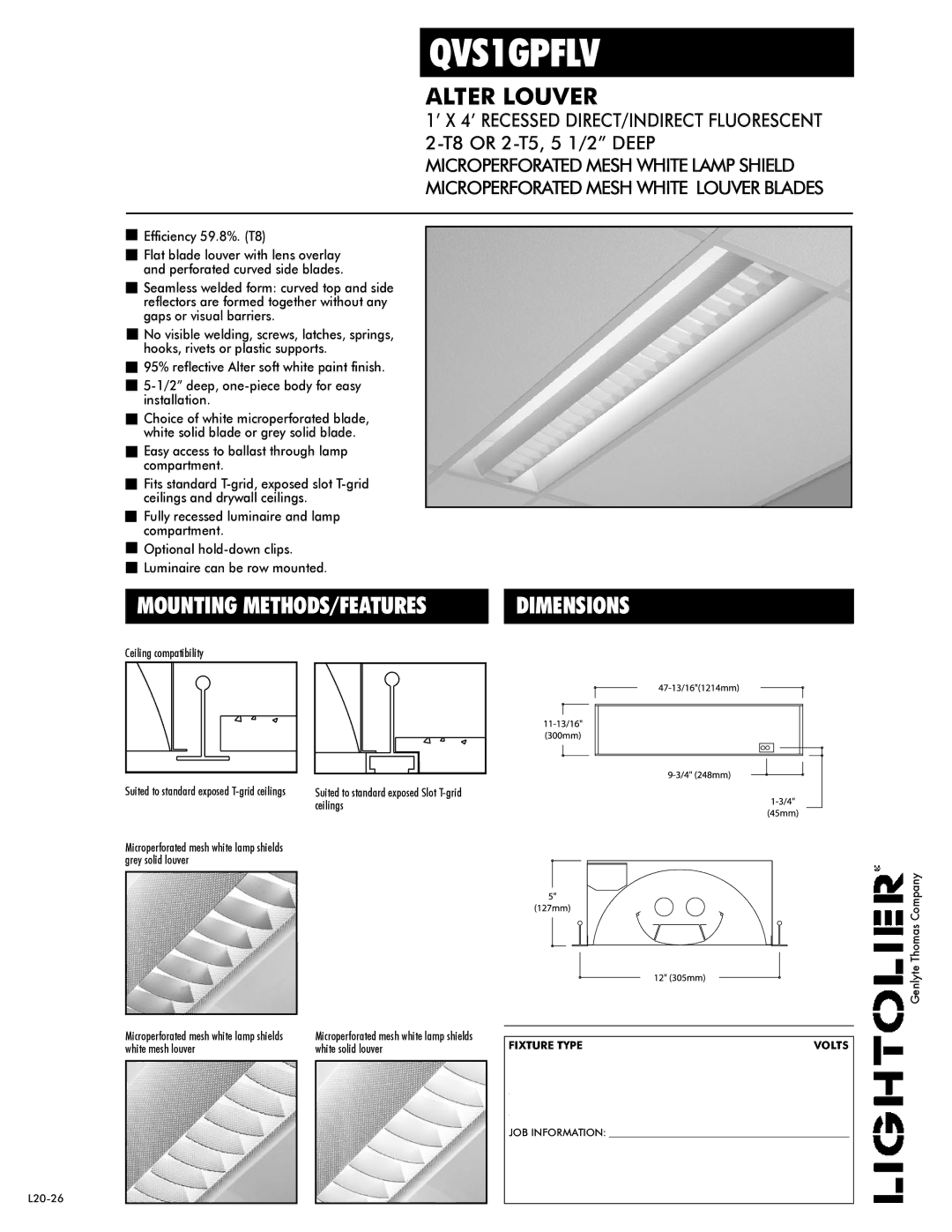 Lightolier QVS1GPFLV dimensions Dimensions, Ceiling compatibility, Suited to standard exposed T-grid ceilings 