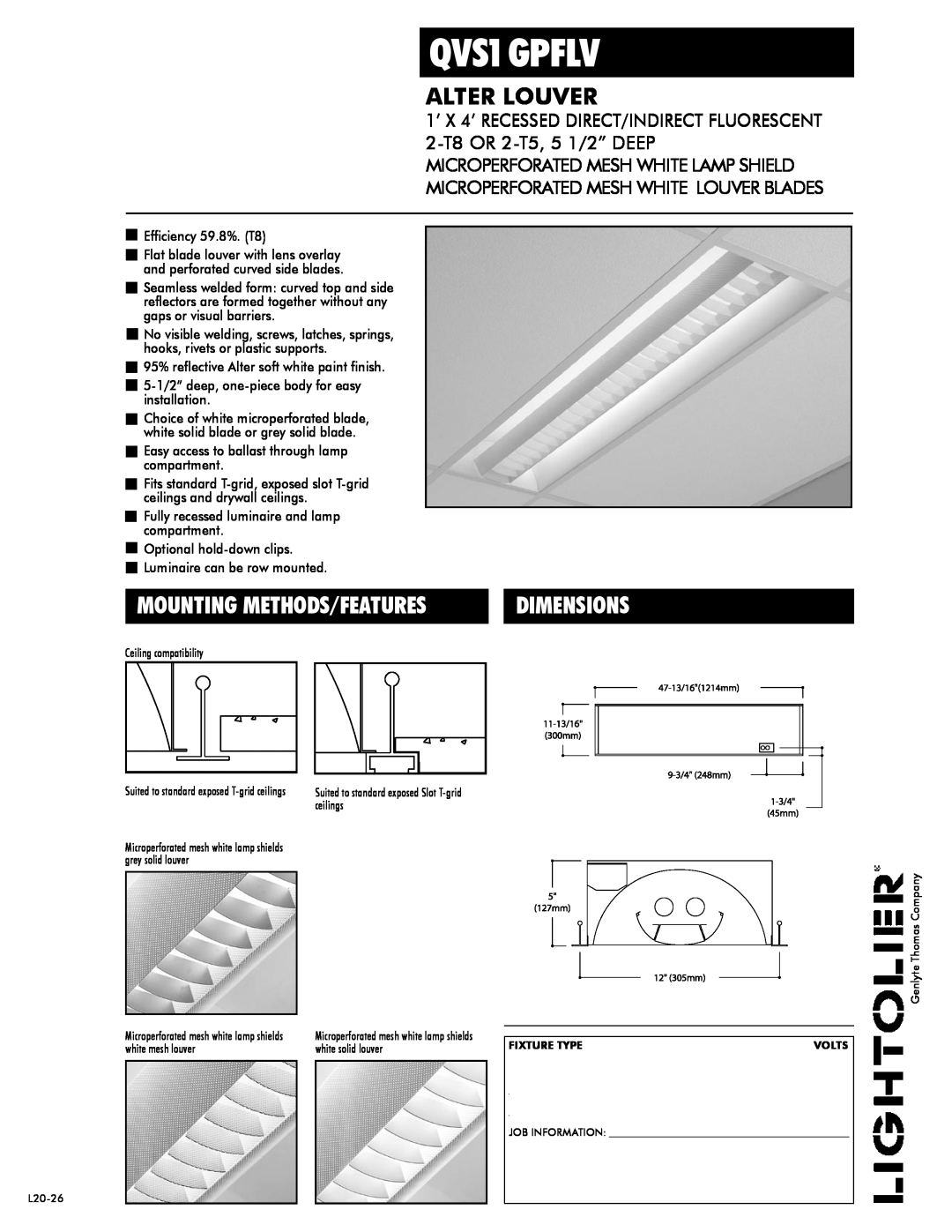 Lightolier QVS1GPFLV dimensions Genlyte Thomas Company, Mounting Methods/Features, Dimensions, Alter Louver, Fixture Type 
