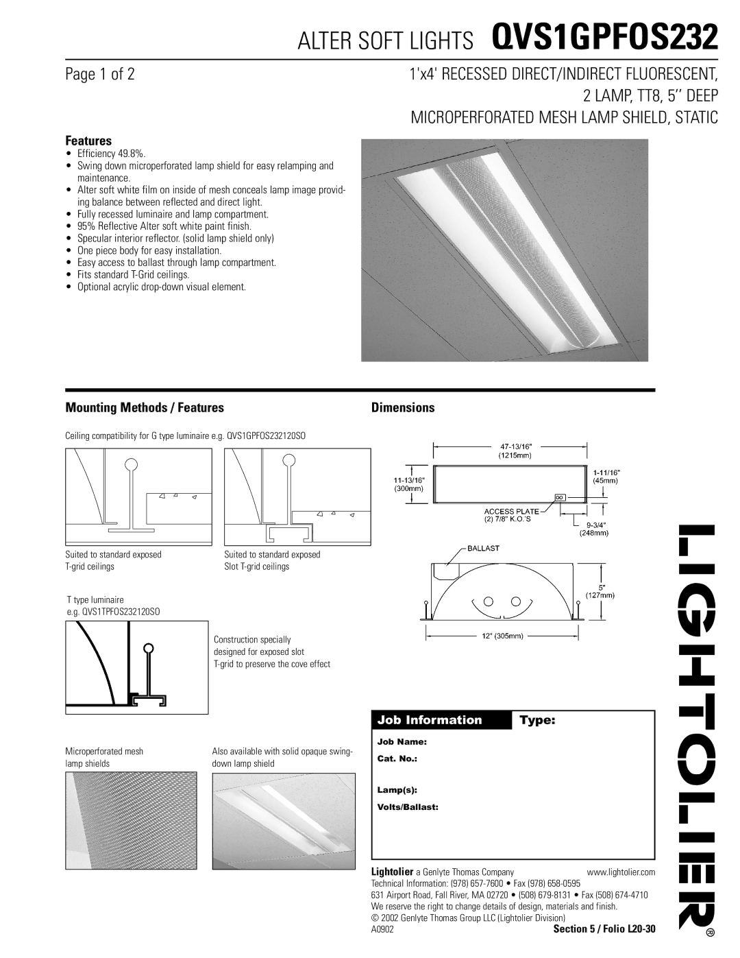 Lightolier QVS1GPFOS232 dimensions Mounting Methods / Features, Job Information Type 