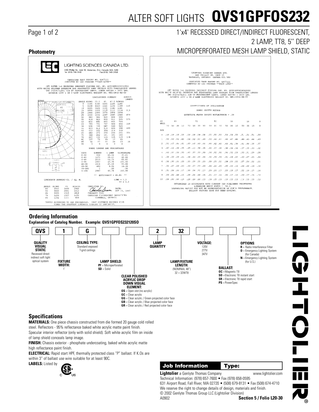 Lightolier QVS1GPFOS232 dimensions Photometry, Ordering Information, Specifications, Job Information 