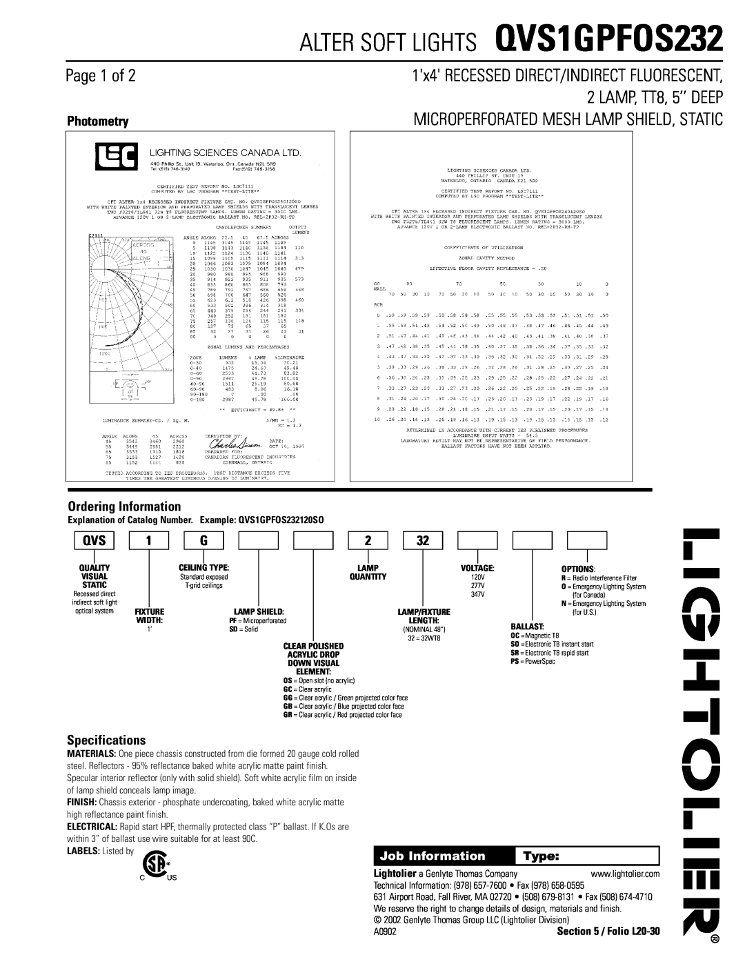 Lightolier Photometry, Ordering Information, Specifications, Folio L20-30, ALTER SOFT LIGHTS QVS1GPFOS232, Page 1 of 
