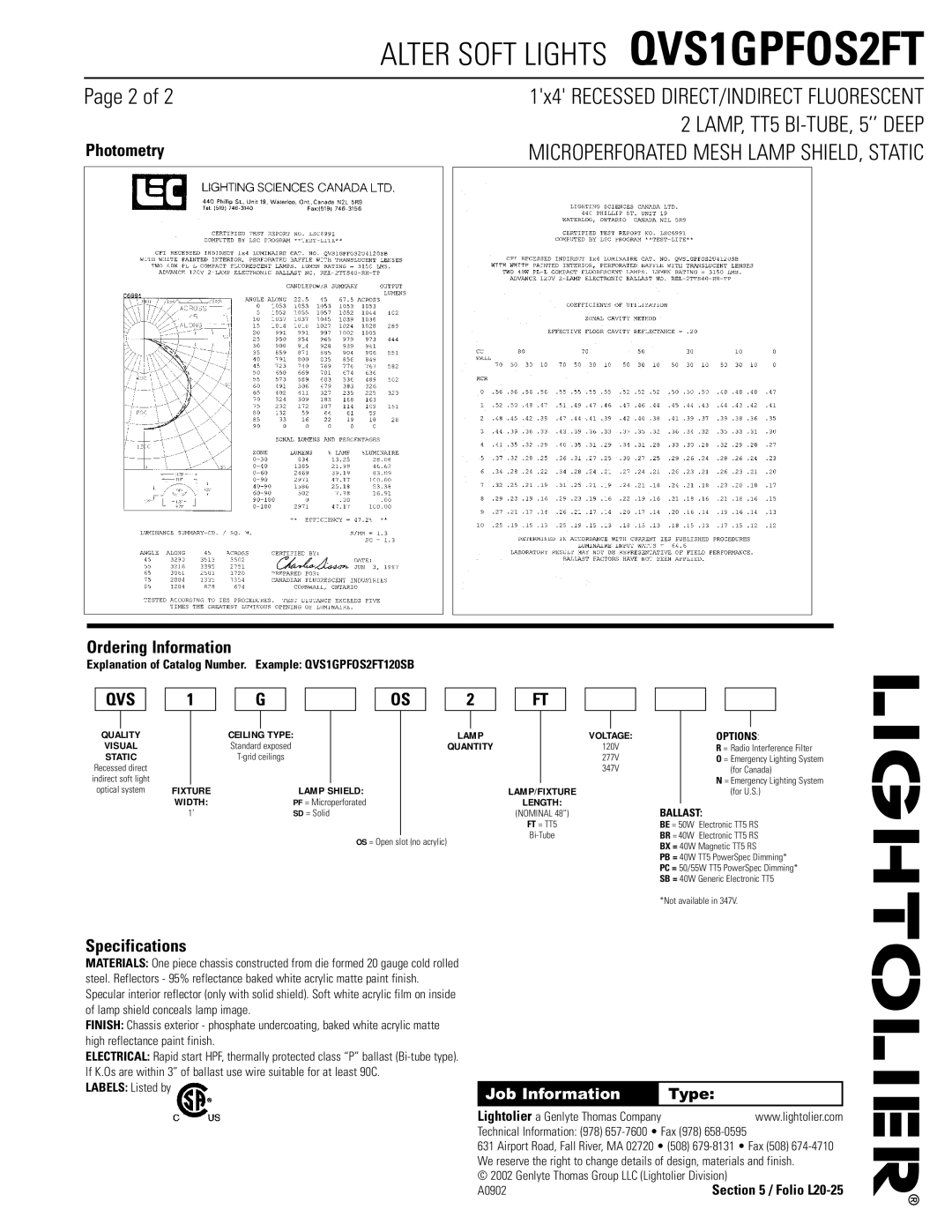 Lightolier QVS1GPFOS2FT dimensions Photometry, Ordering Information, Specifications, Job Information 