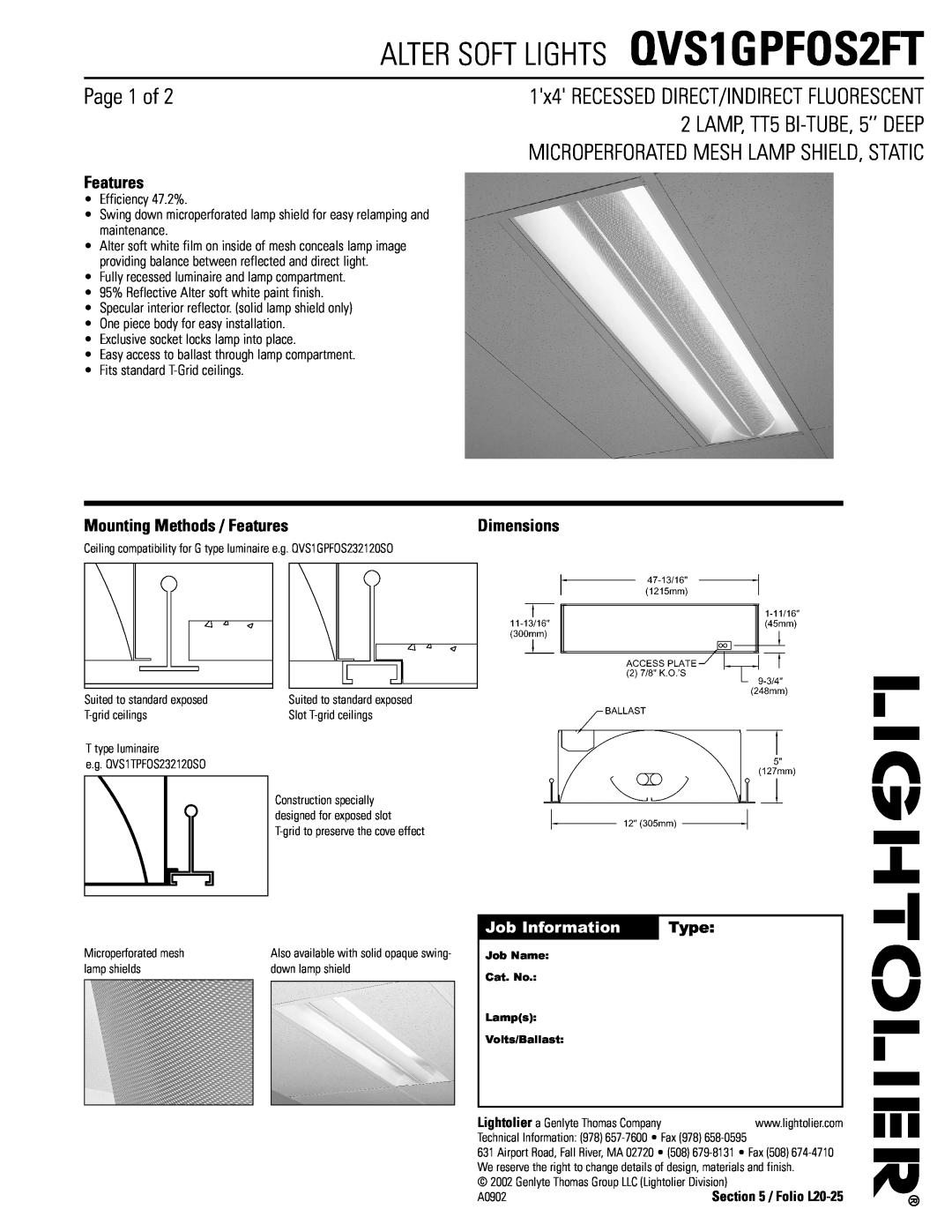 Lightolier dimensions ALTER SOFT LIGHTS QVS1GPFOS2FT, Page 1 of, LAMP, TT5 BI-TUBE,5’’ DEEP, Features, Job Information 