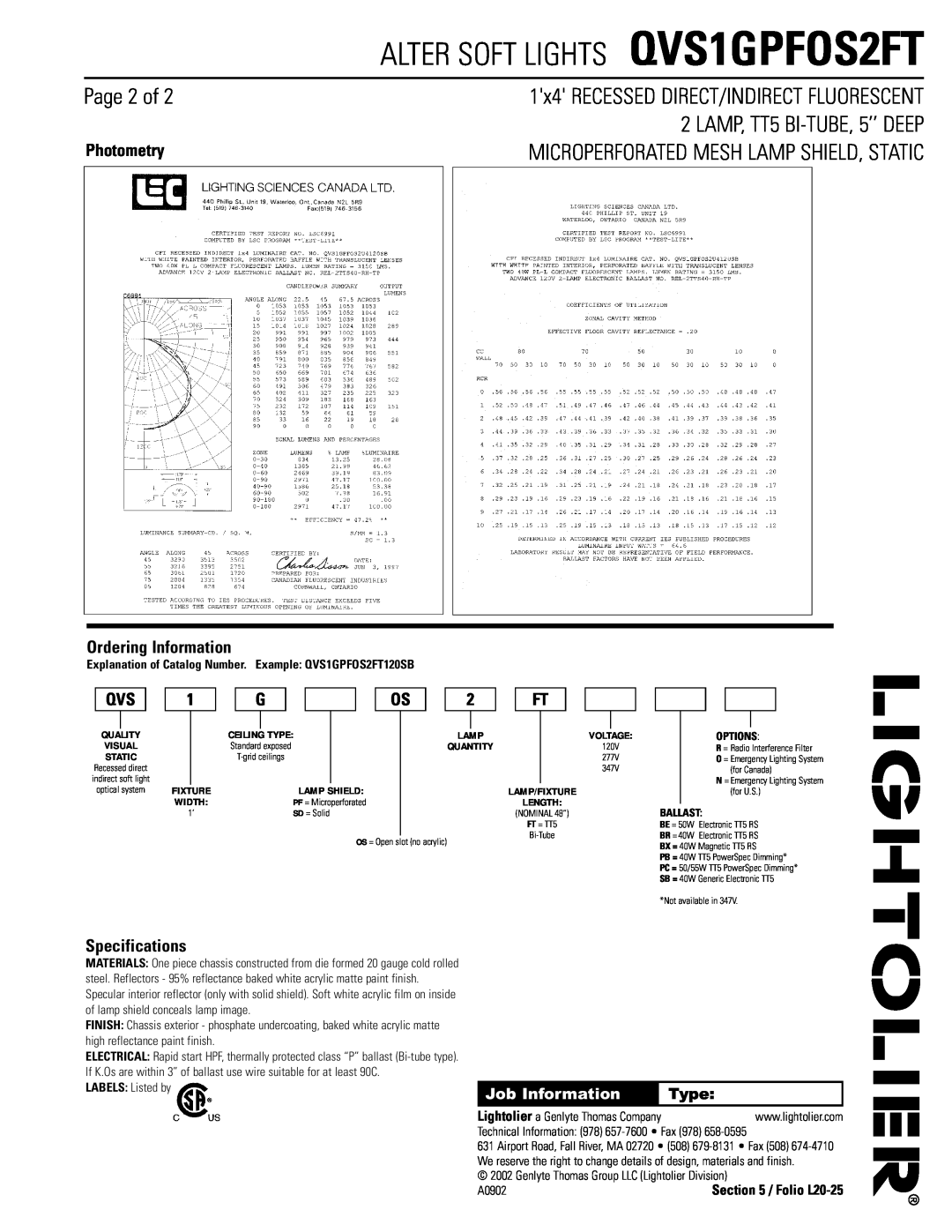 Lightolier QVS1GPFOS2FT Page 2 of, Photometry, Ordering Information, Specifications, Folio L20-25, A0902, Lamp Shield 