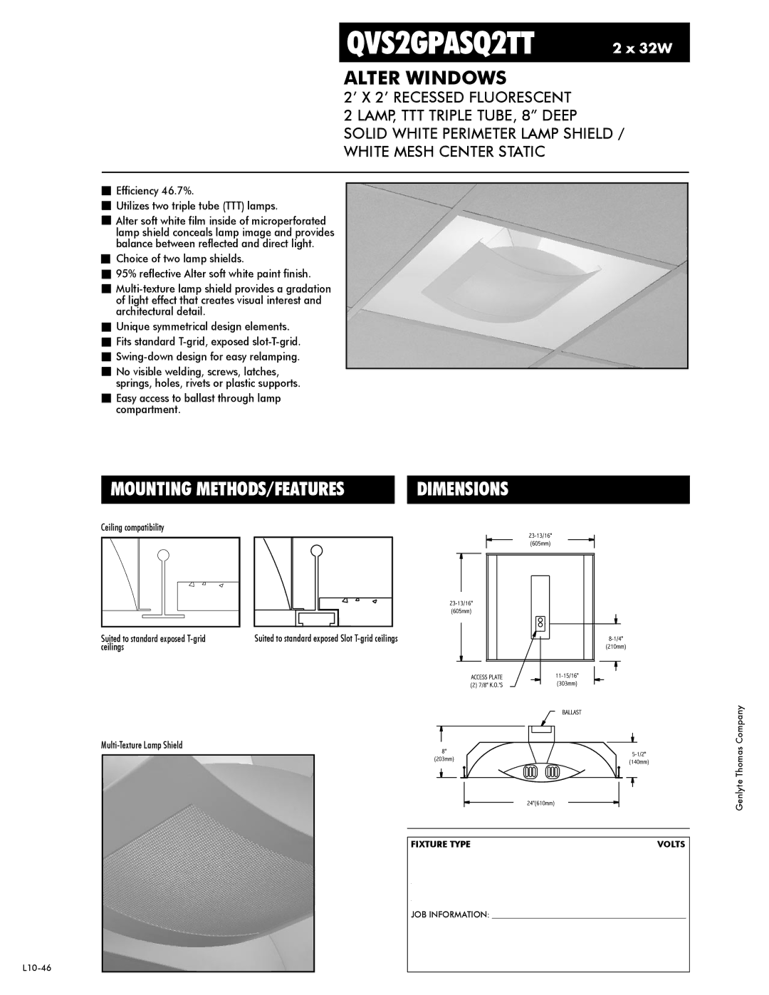 Lightolier QVS2GPASQ2TT dimensions Alter Windows 