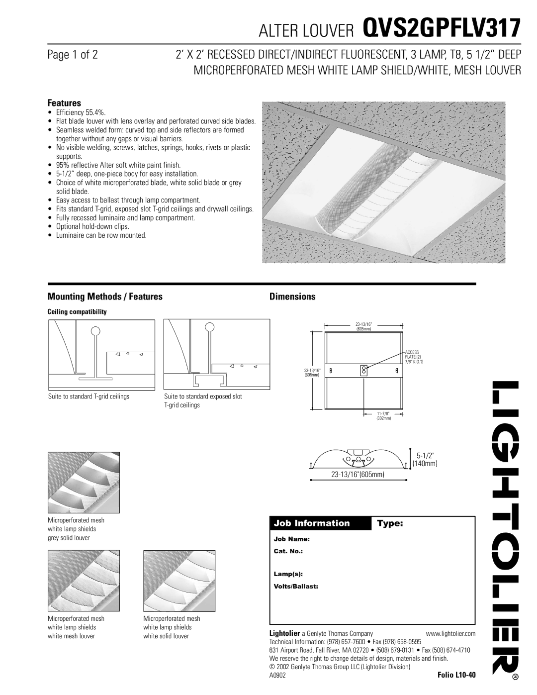 Lightolier QVS2GPFLV317 dimensions Mounting Methods / Features, Job Information Type, Ceiling compatibility 