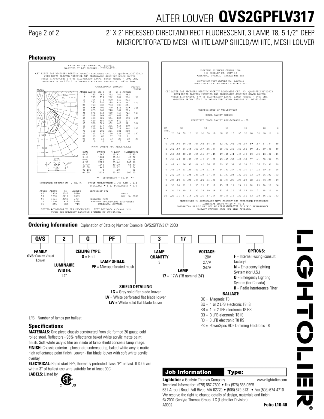 Lightolier QVS2GPFLV317 dimensions Photometry, Specifications, Job Information 