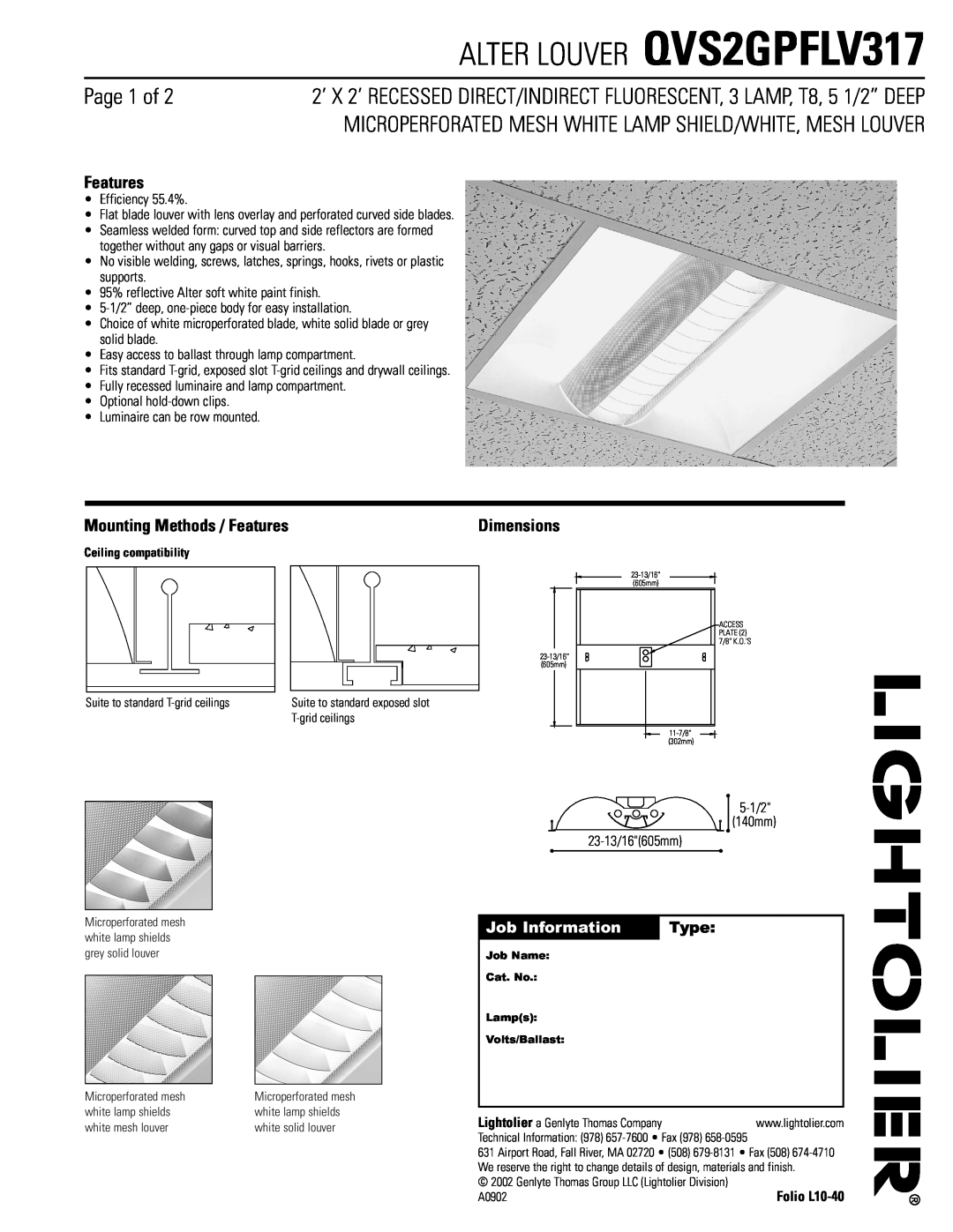 Lightolier dimensions ALTER LOUVER QVS2GPFLV317, Page 1 of, Mounting Methods / Features, Job Information, Type 