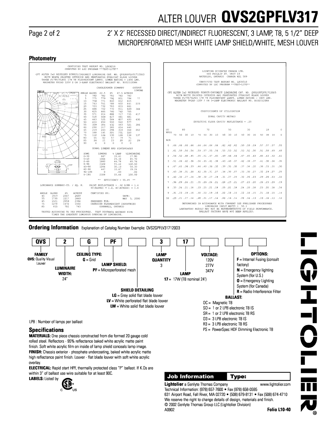 Lightolier Page 2 of, Photometry, Specifications, ALTER LOUVER QVS2GPFLV317, Job Information, Type, Options, Width 