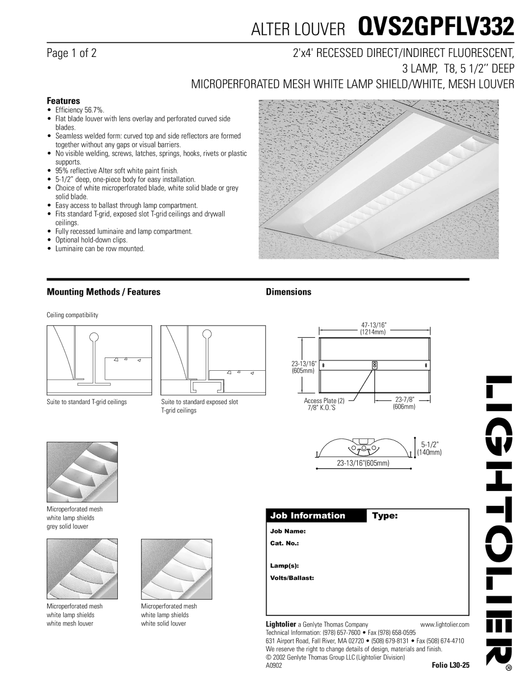 Lightolier QVS2GPFLV332 dimensions Mounting Methods / Features, Dimensions, Job Information Type 