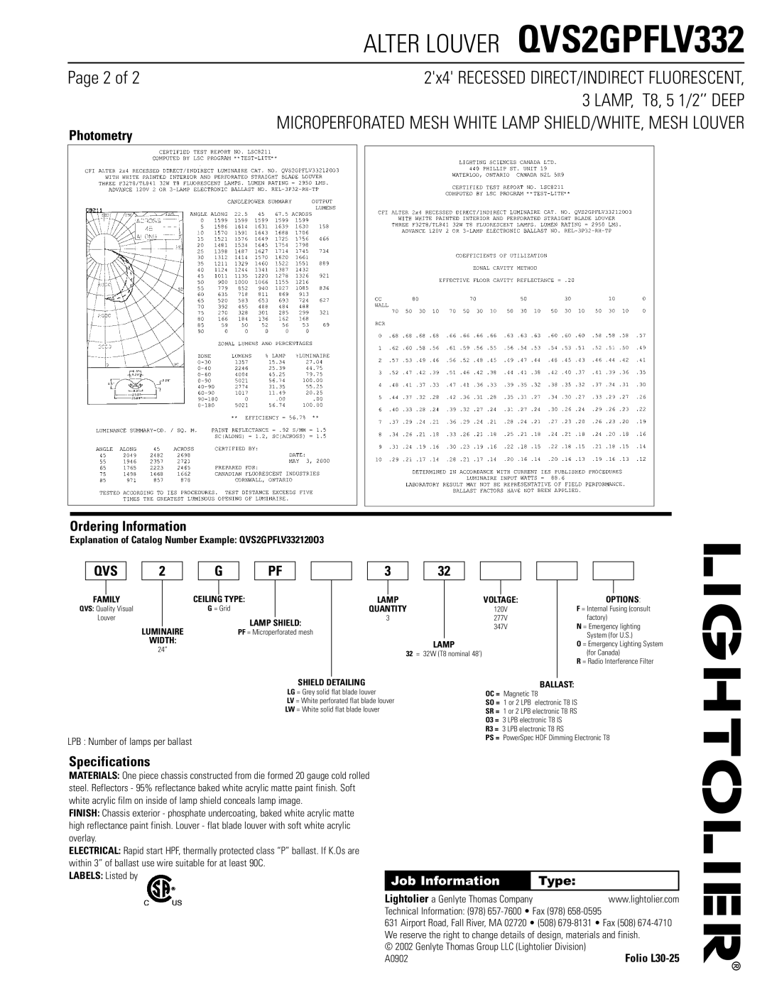 Lightolier QVS2GPFLV332 dimensions Photometry, Ordering Information, Specifications, Job Information 