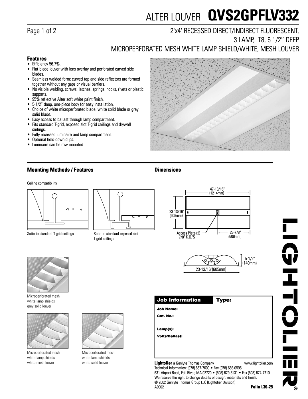 Lightolier QVS2GPFLV332 dimensions Page 1 of, 2x4 RECESSED DIRECT/INDIRECT FLUORESCENT, LAMP, T8, 5 1/2’’ DEEP, Features 