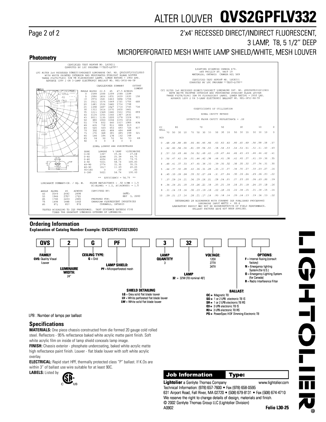 Lightolier Page 2 of, Photometry, Ordering Information, Specifications, ALTER LOUVER QVS2GPFLV332, Job Information 