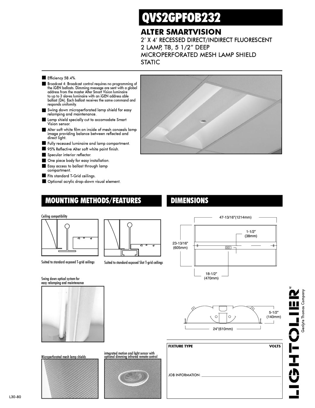 Lightolier QVS2GPFOB232 dimensions Efficiency 58.4%, Ceiling compatibility 