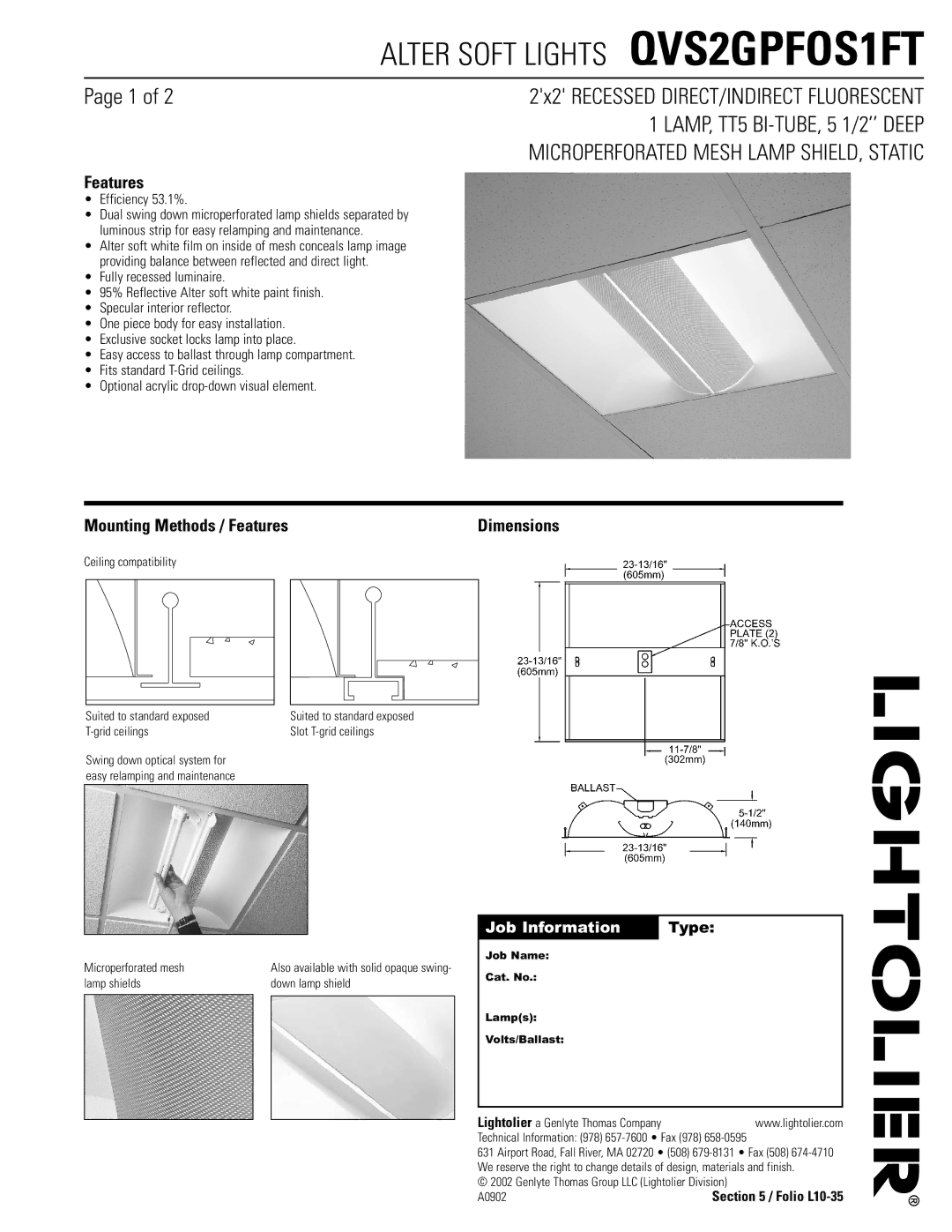 Lightolier QVS2GPFOS1FT dimensions Mounting Methods / Features, Job Information Type 