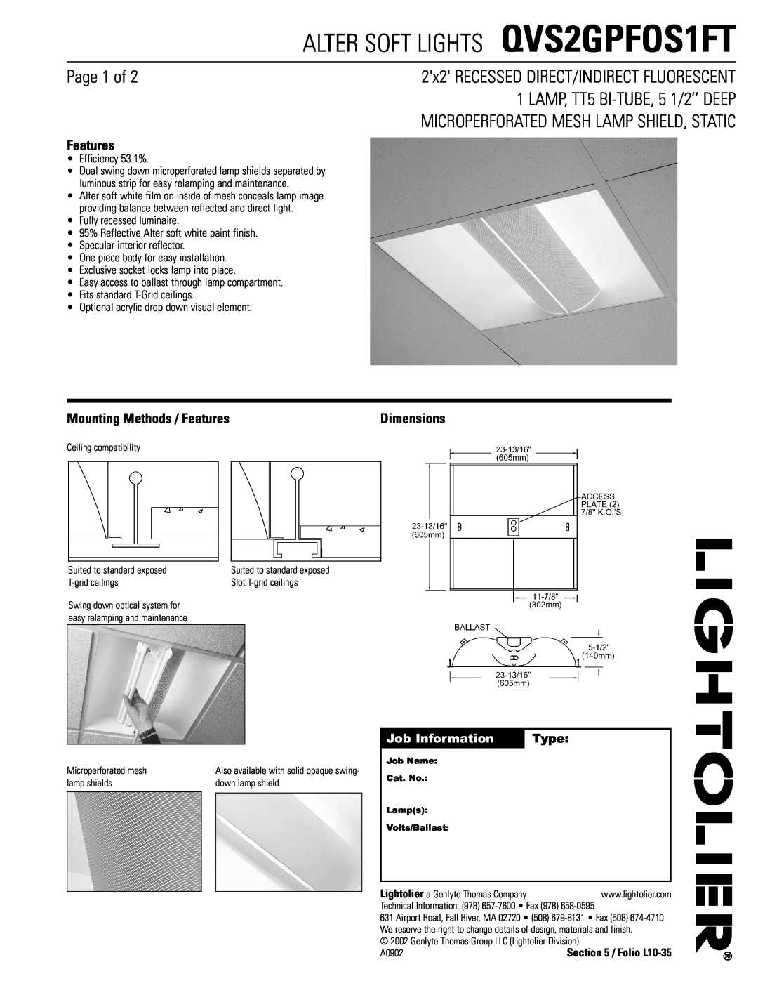 Lightolier dimensions ALTER SOFT LIGHTS QVS2GPFOS1FT, Page 1 of, LAMP, TT5 BI-TUBE,5 1/2’’ DEEP, Features, Type 