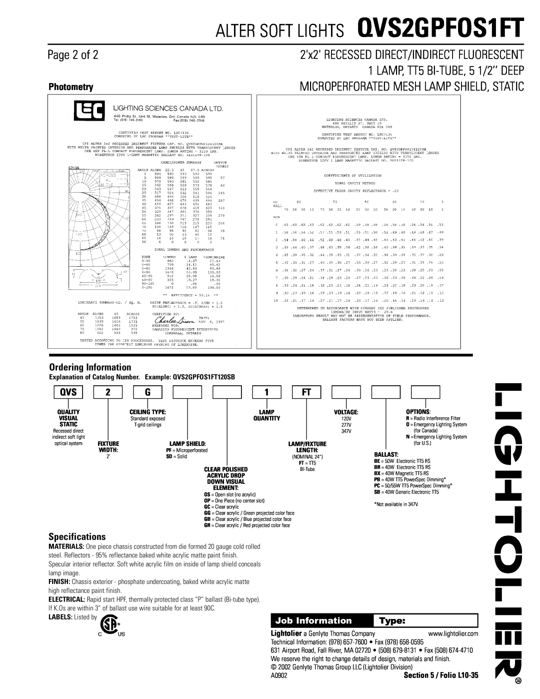 Lightolier QVS2GPFOS1FT Page 2 of, Photometry, Ordering Information, Specifications, Folio L10-35, lamp image, A0902, Lamp 