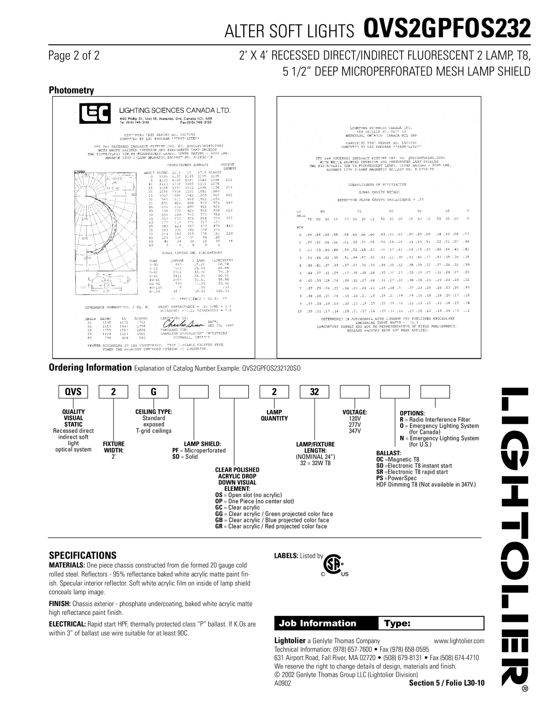 Lightolier QVS2GPFOS232 dimensions Qvs, Specifications 